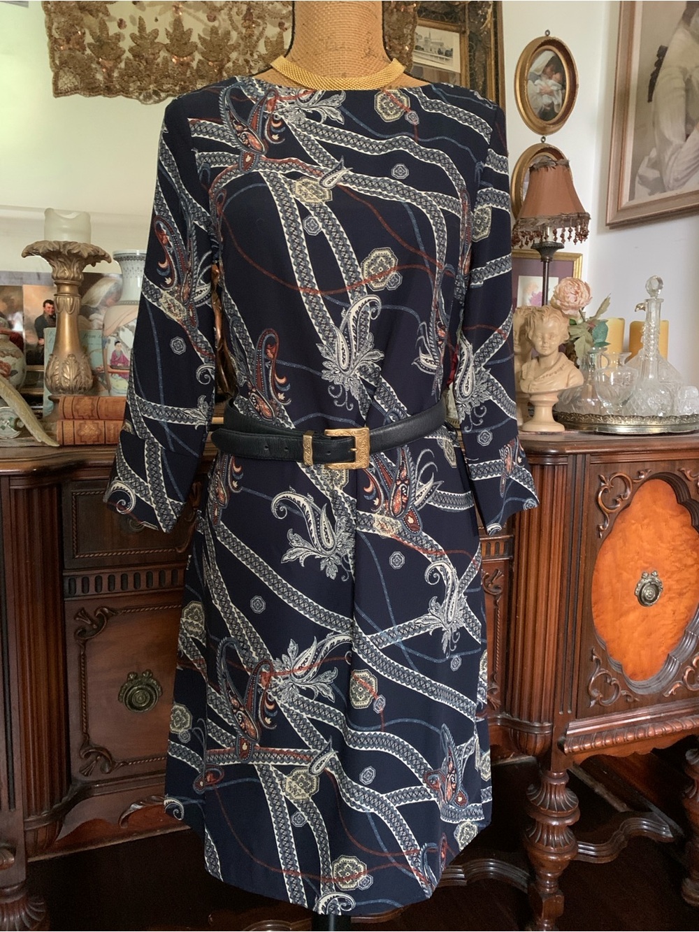 Vintage Dark Navy Paisley Abstract Classic Dress